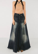 Boutique Blue Pockets Patchwork High Waist Denim Maxi Skirt Summer